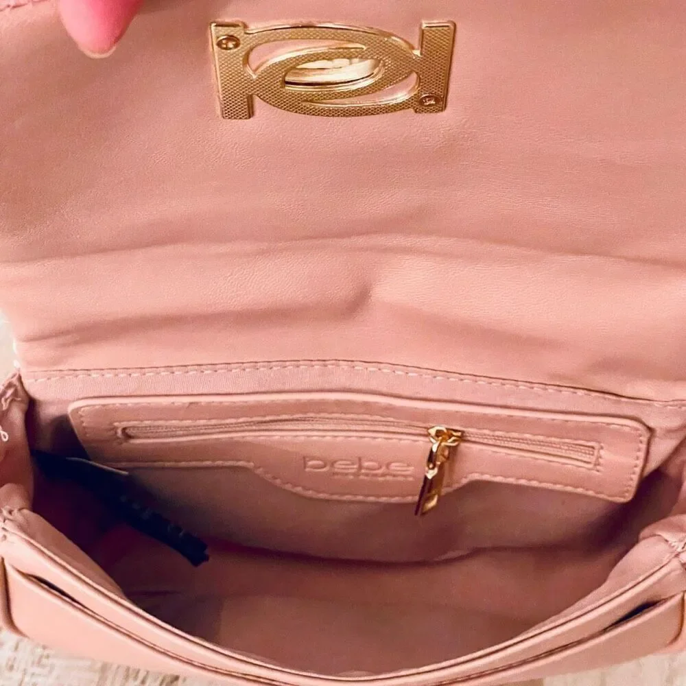 NWT BEBE Gorgeous Pink logo Liv Signature quilted gold chain Crossbody bag